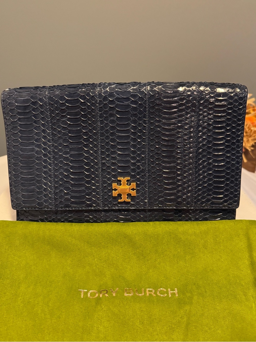 NWT Tory Burch Kira Exotic Genuine Snakeskin Clutch Royal Navy 45300